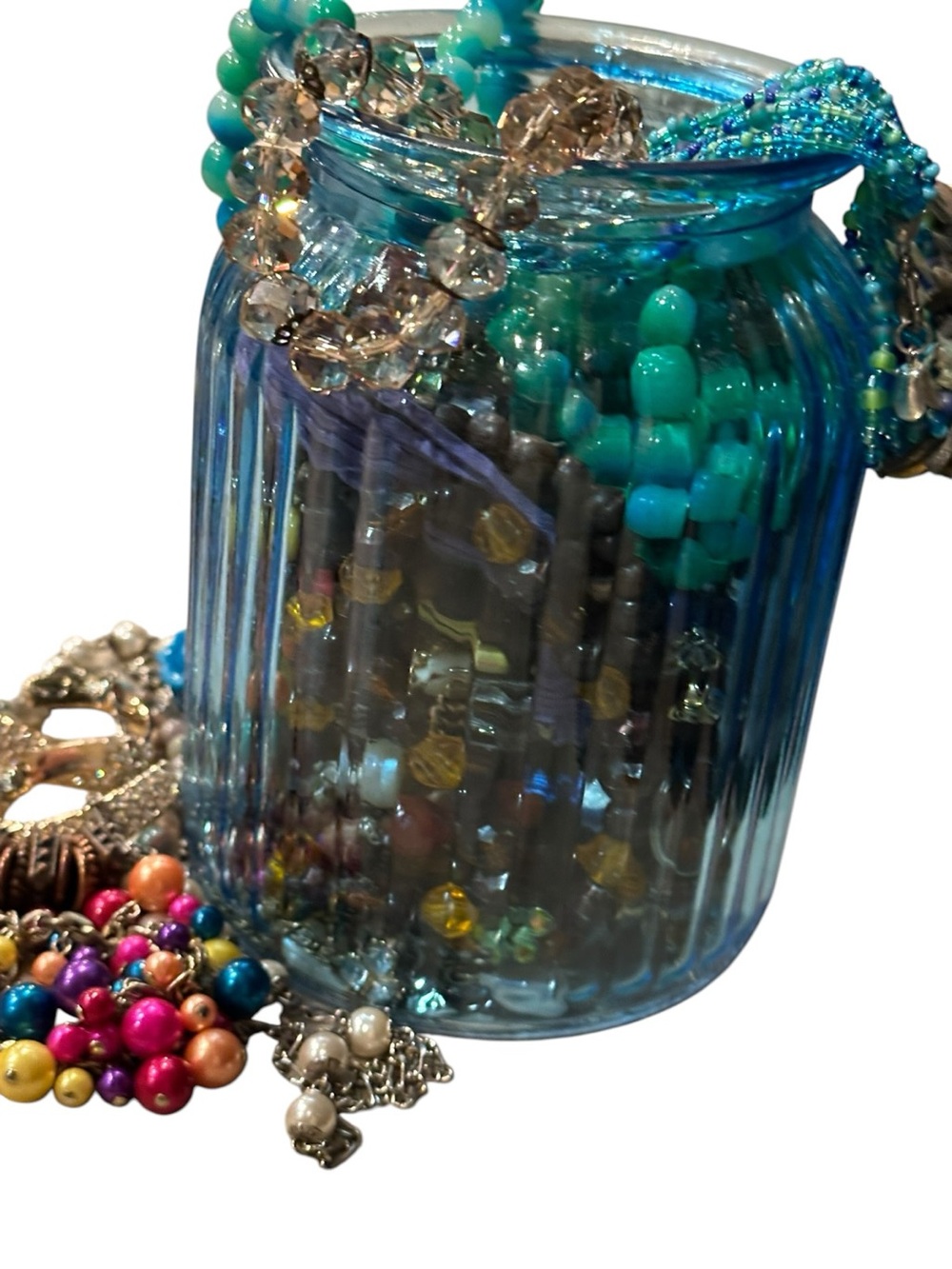 Estate Jewelry Blue Glass Jar Filled with Turquoise & Aqua Beaded Jewelry - Picture 3 of 7